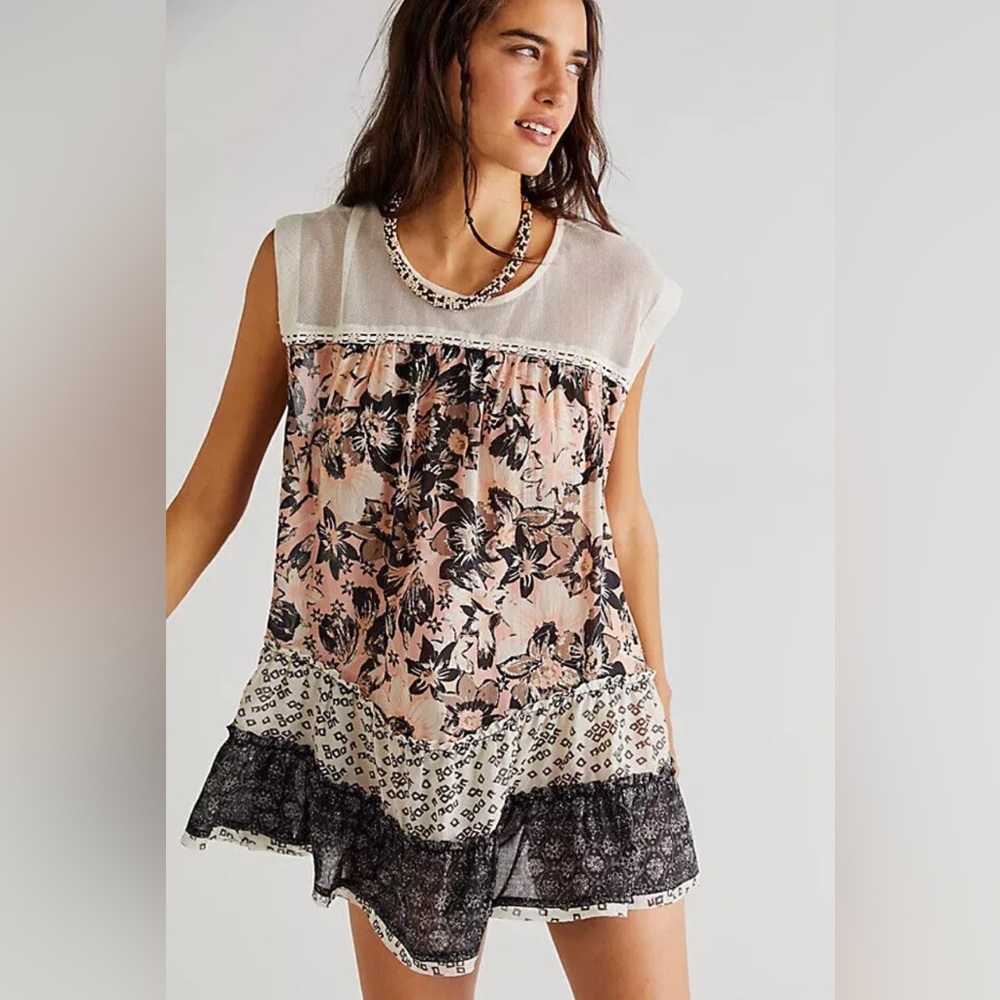 Free People Angelica Printed Tunic Mesh Ruffle Sleeveless Cutout Top
